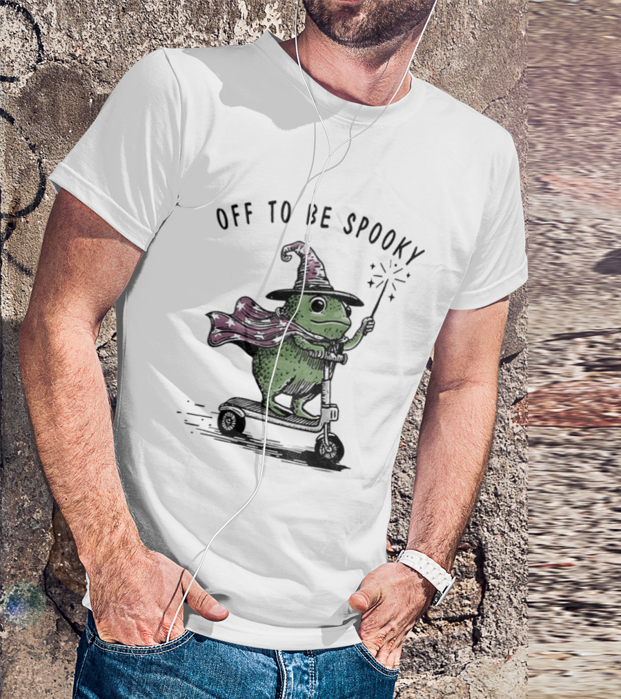 Frog Wizard On Scooter With Cape Off To Be Spooky Magic Wand T-Shirt