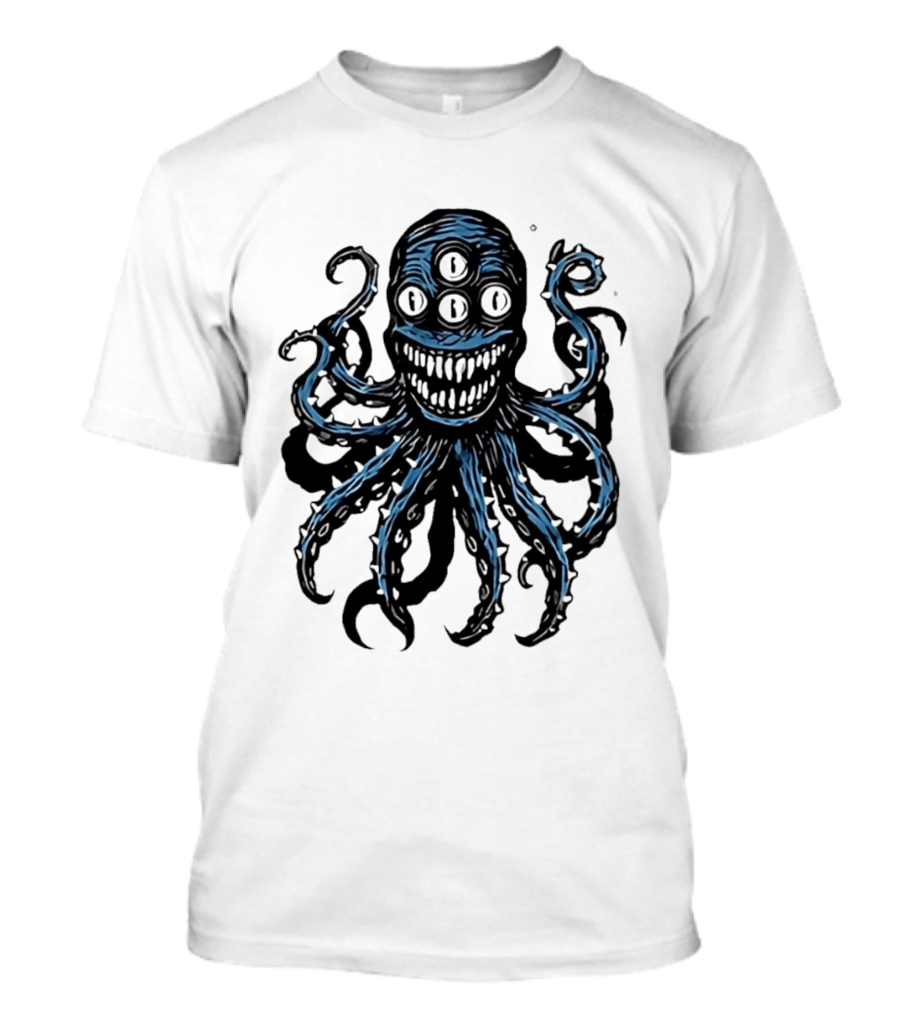Monstrous Spiky Tentacles Blue Octopus Woodcut T-Shirt