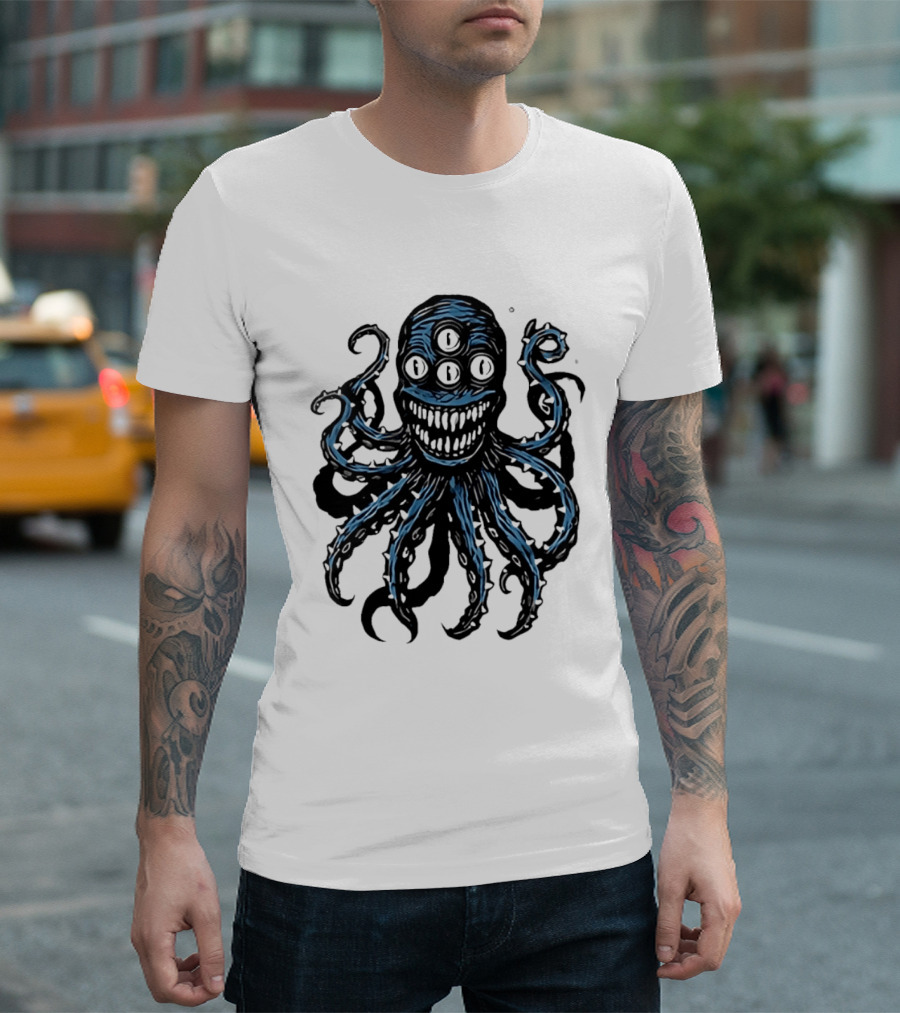Monstrous Spiky Tentacles Blue Octopus Woodcut T-Shirt