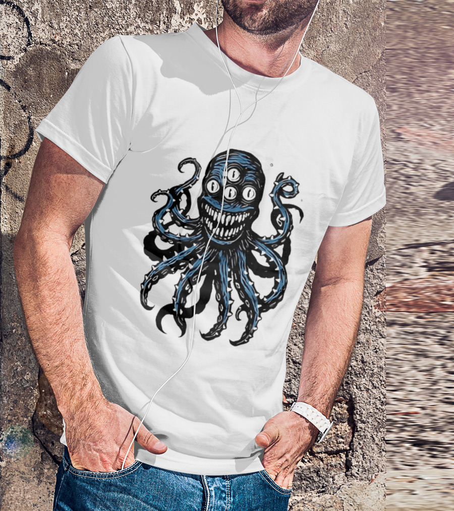 Monstrous Spiky Tentacles Blue Octopus Woodcut T-Shirt
