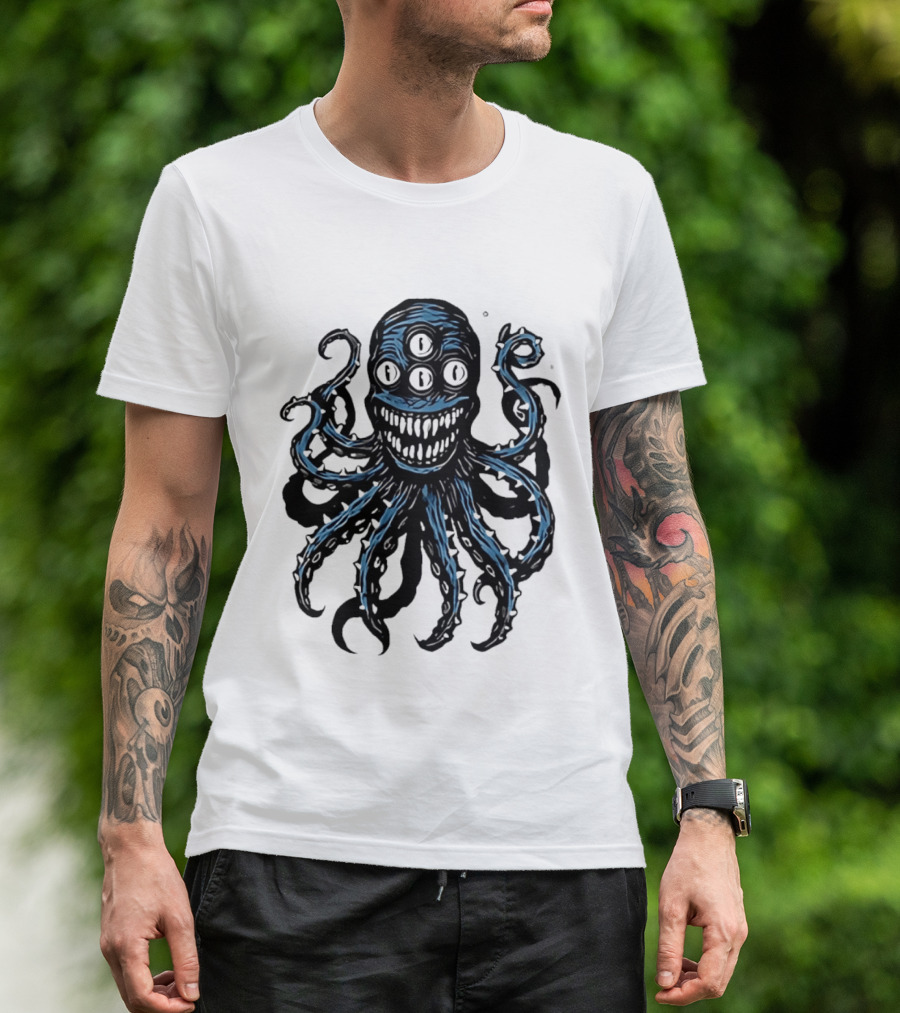 Monstrous Spiky Tentacles Blue Octopus Woodcut T-Shirt
