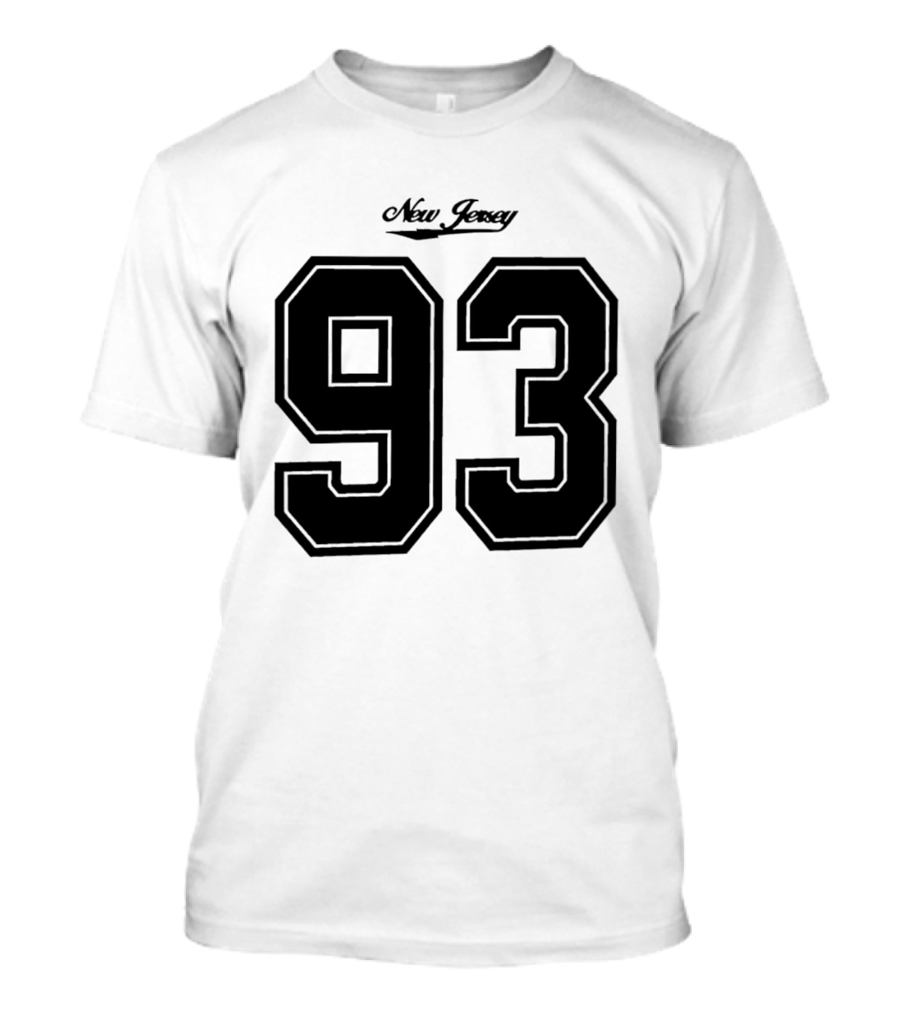 New Jersey 93 Cursive Script Black Varsity Block Number T-Shirt