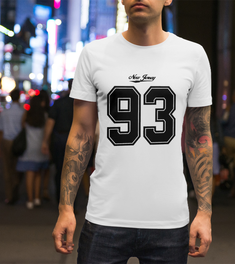 New Jersey 93 Cursive Script Black Varsity Block Number T-Shirt
