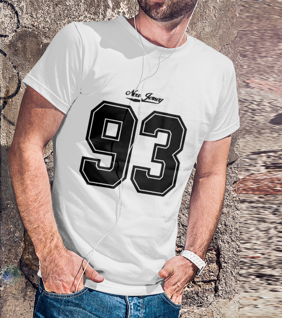 New Jersey 93 Cursive Script Black Varsity Block Number T-Shirt
