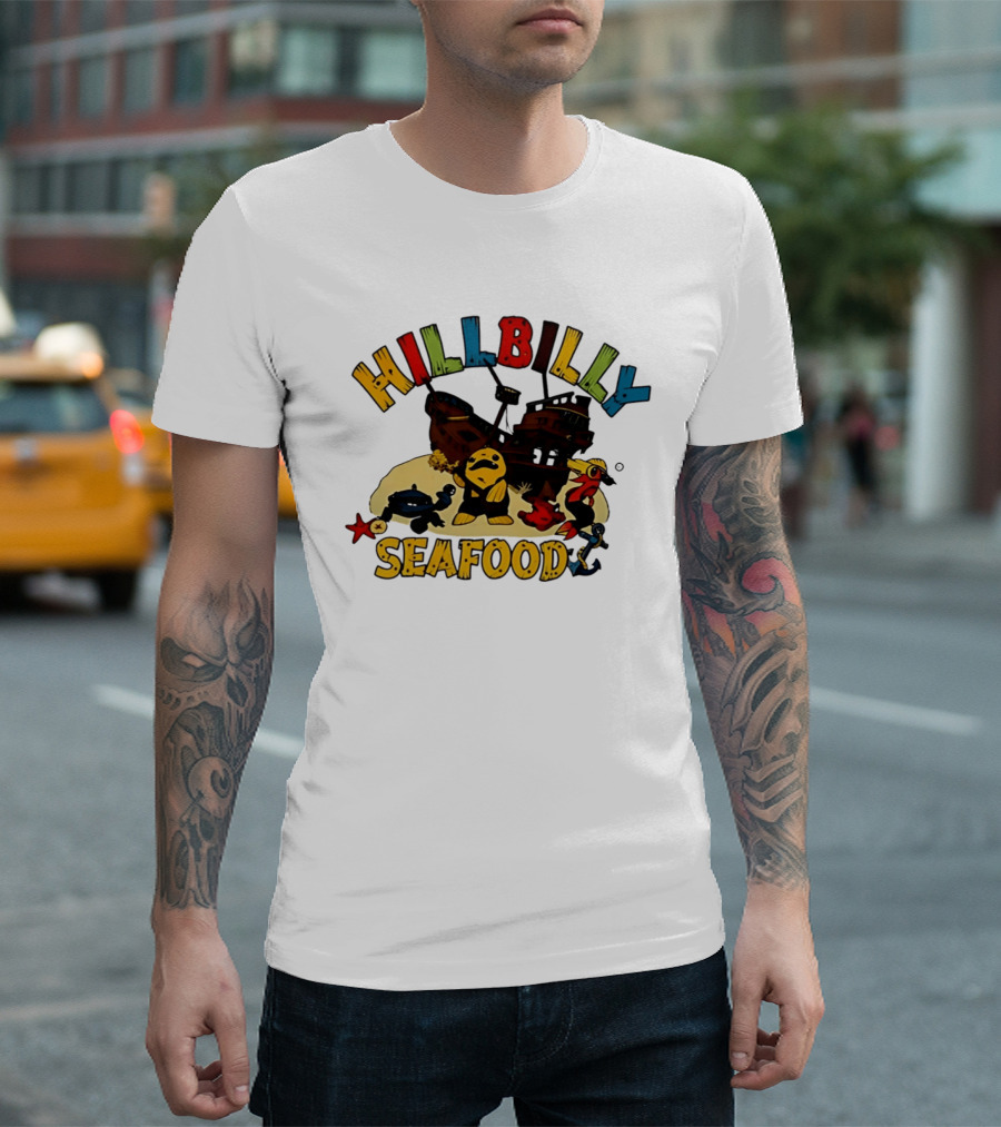 Hillbilly Seafood Cartoon Pirate Ship And Ocean Life Fish Adventure T-Shirt