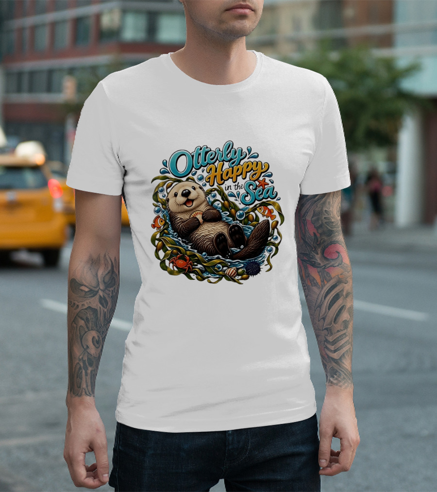 Otterly Happy In The Sea Cartoon Otter Floating With Kelp, Shell, Fish, Crab T-Shirt