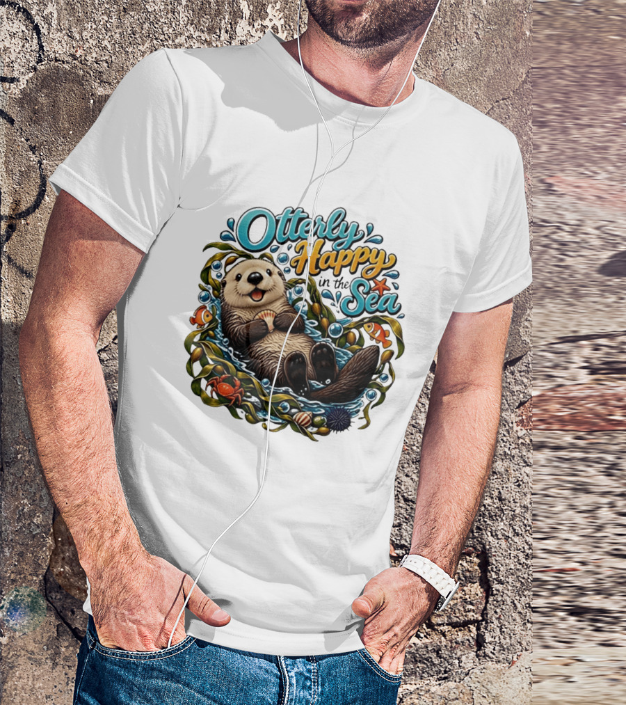 Otterly Happy In The Sea Cartoon Otter Floating With Kelp, Shell, Fish, Crab T-Shirt