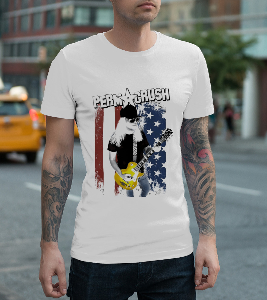 Perm A Crush Long Blonde Hair Yellow Guitar American Flag T-Shirt