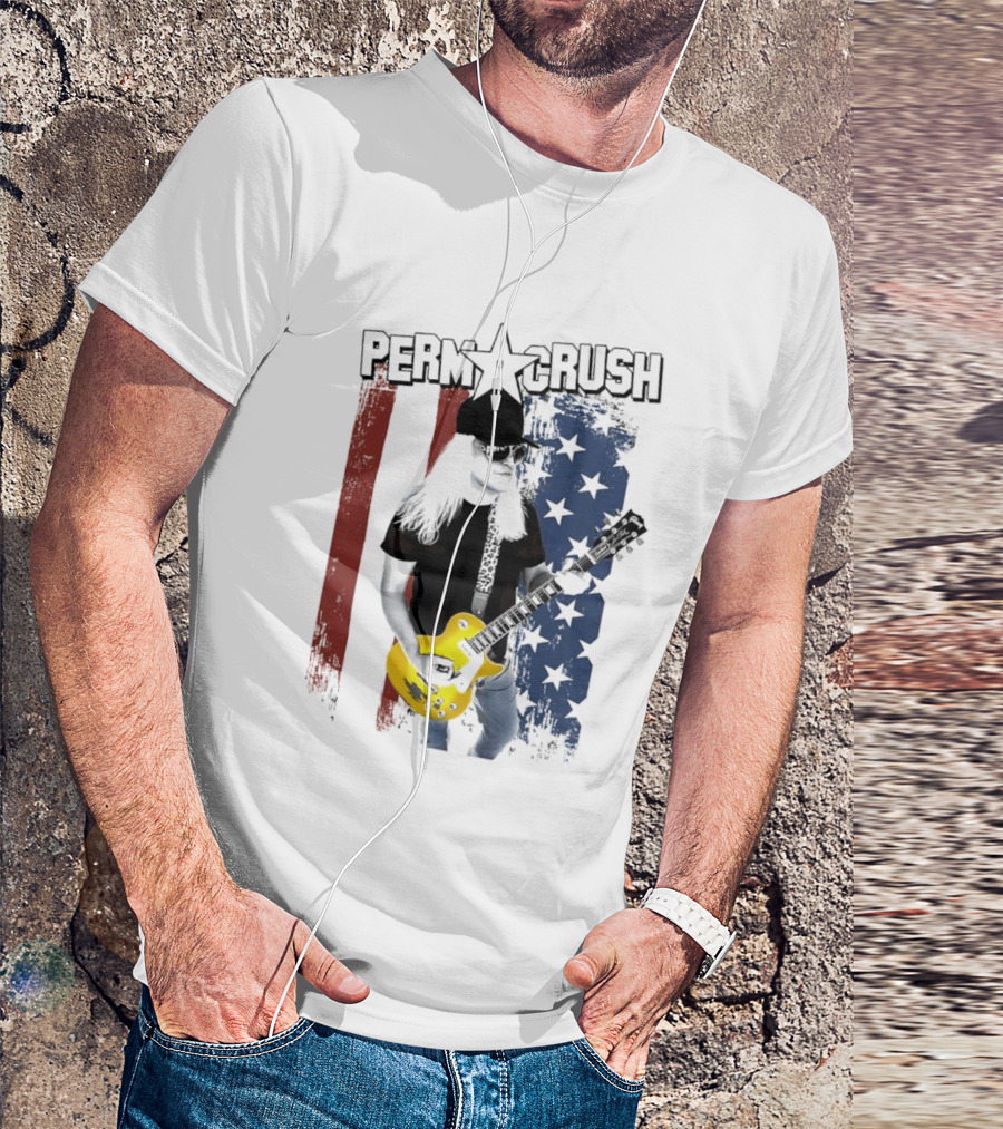 Perm A Crush Long Blonde Hair Yellow Guitar American Flag T-Shirt