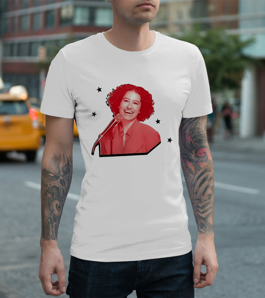 Red Tinted Woman Curly Hair Microphone Black Stars T-Shirt