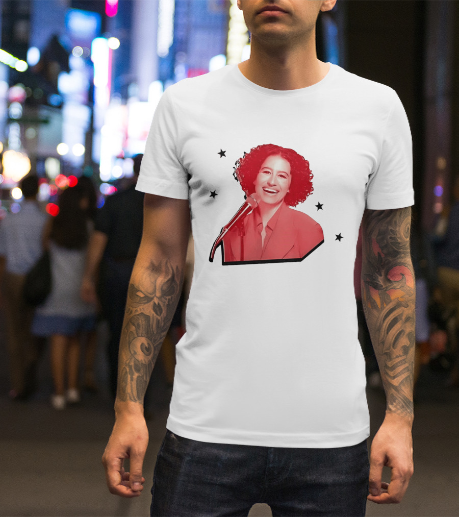 Red Tinted Woman Curly Hair Microphone Black Stars T-Shirt