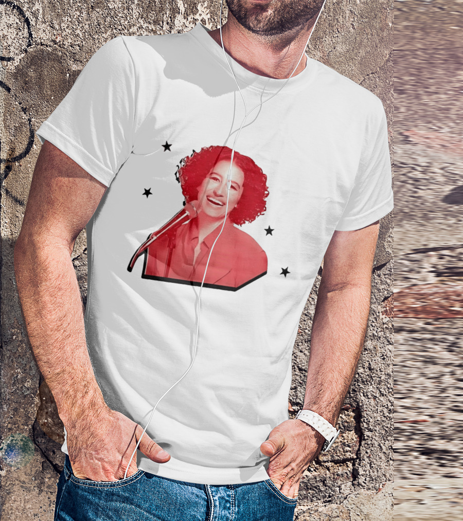 Red Tinted Woman Curly Hair Microphone Black Stars T-Shirt