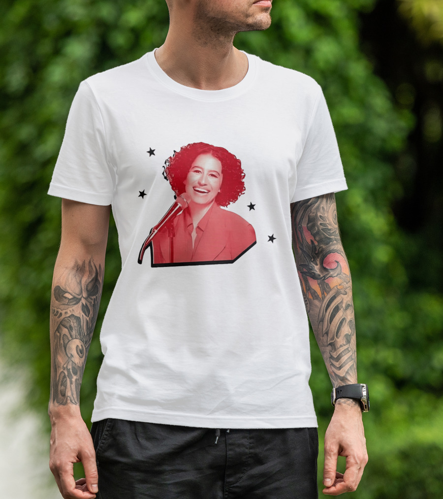 Red Tinted Woman Curly Hair Microphone Black Stars T-Shirt