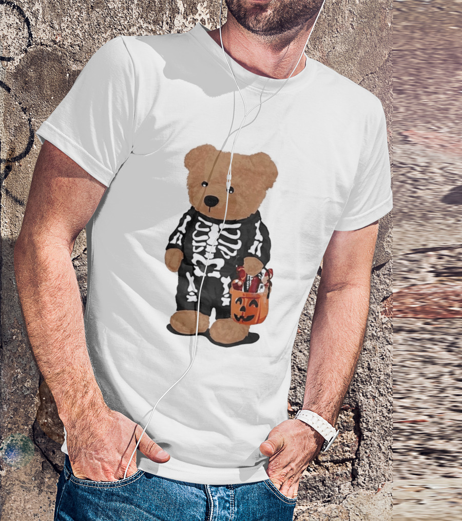 Teddy Bear Skeleton Costume Jack O Lantern Pumpkin Candy Cartoon T-Shirt