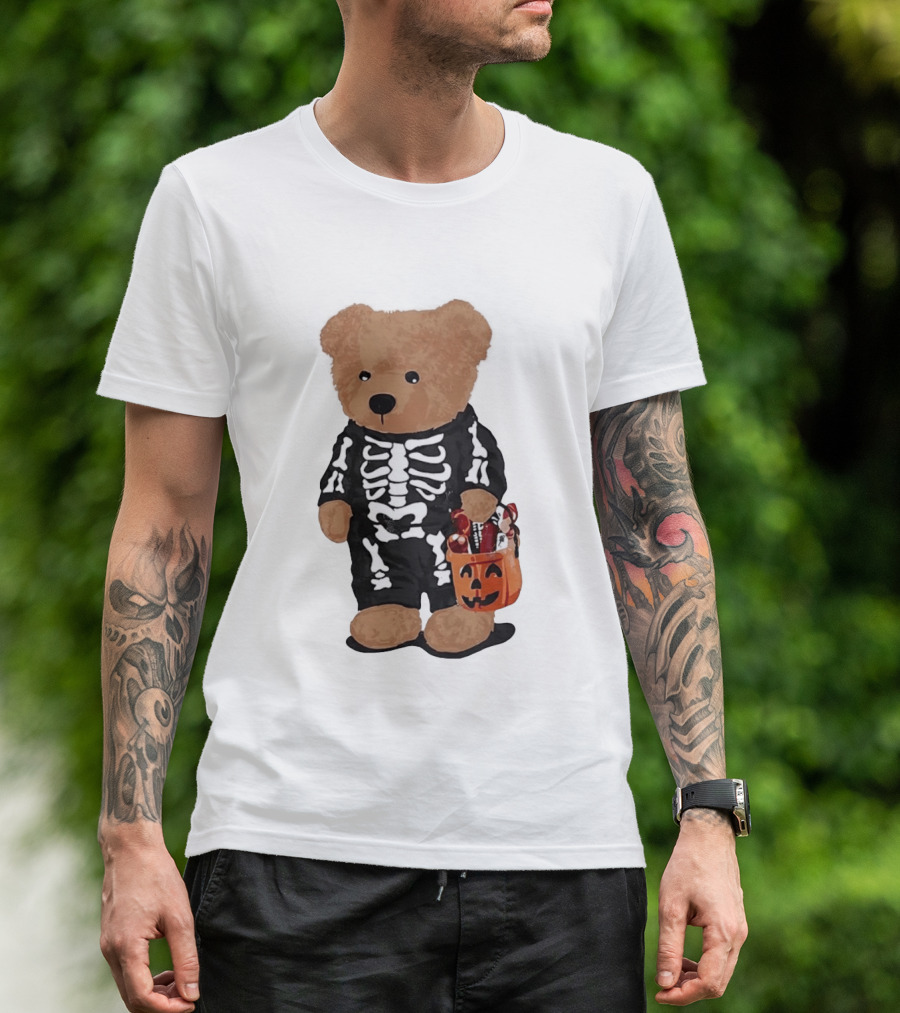 Teddy Bear Skeleton Costume Jack O Lantern Pumpkin Candy Cartoon T-Shirt