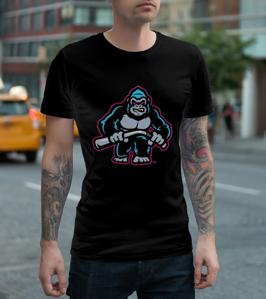 Aggressive Gorilla With Hockey Stick Neon T-Shirt