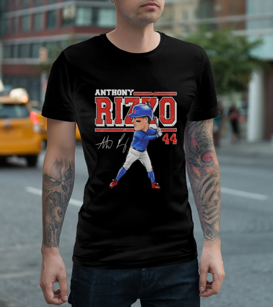 Anthony Rizzo 44 Baseball Player Caricature Batting Stance Distressed Signature T-Shirt