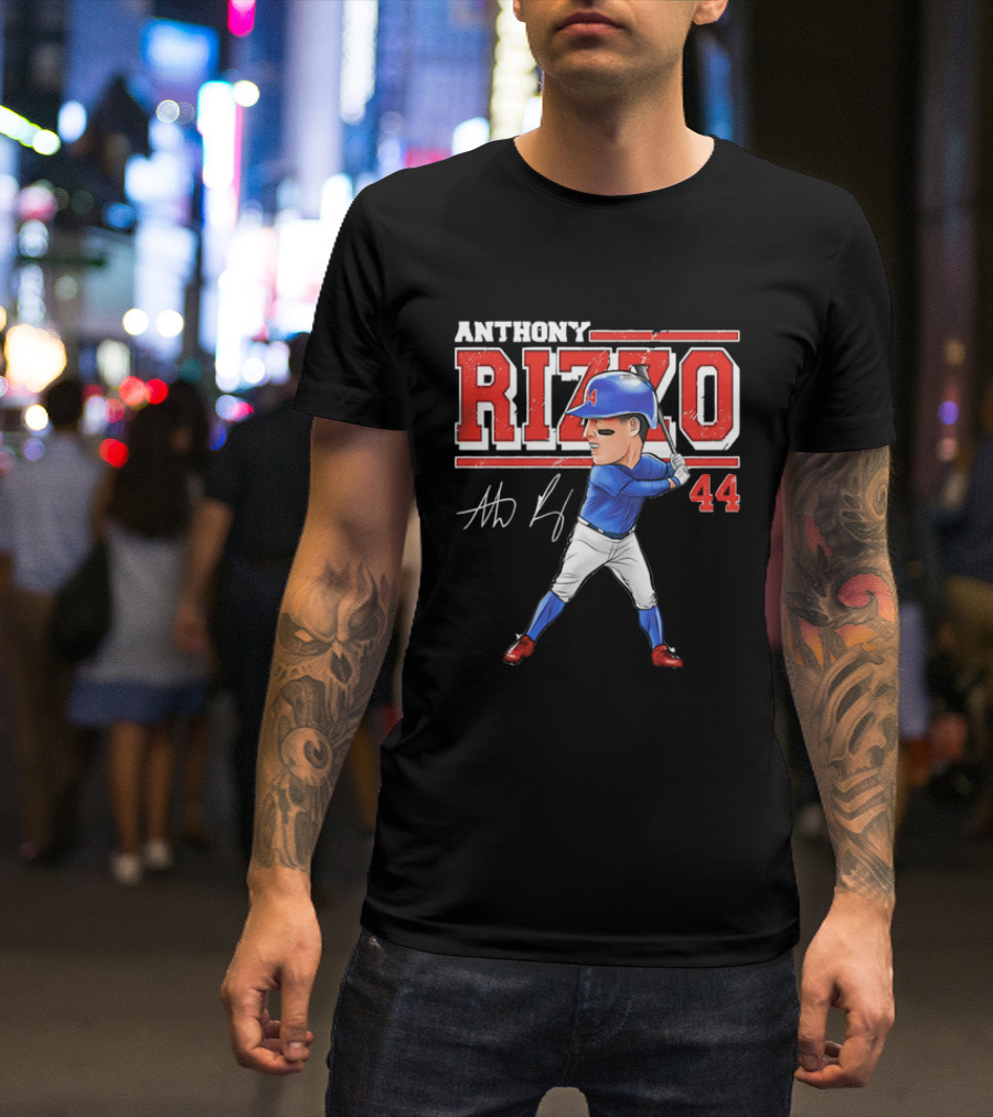 Anthony Rizzo 44 Baseball Player Caricature Batting Stance Distressed Signature T-Shirt