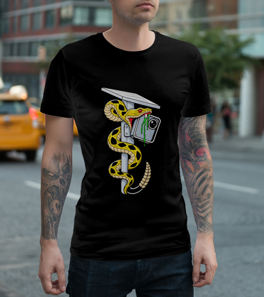 Cartoon Yellow Rattlesnake Biting Security Camera Solar Panel Pole Dripping Venom T-Shirt