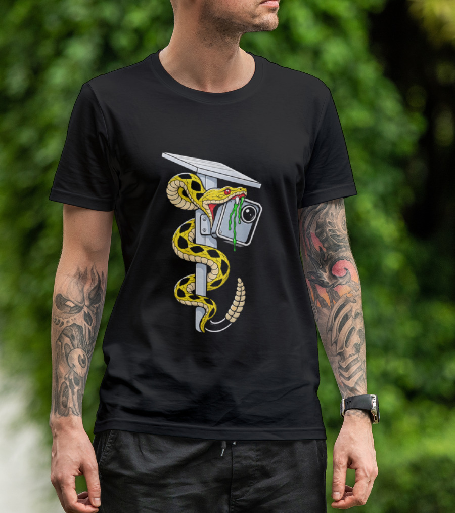 Cartoon Yellow Rattlesnake Biting Security Camera Solar Panel Pole Dripping Venom T-Shirt