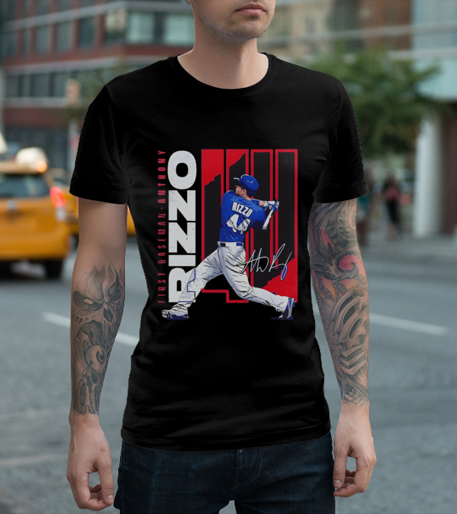 First Baseman Anthony Rizzo Swinging Action 44 Distressed T-Shirt