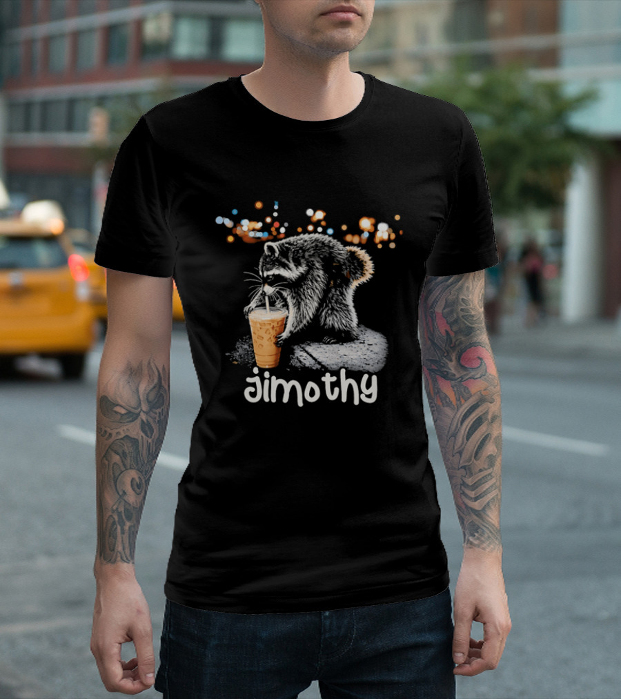 Jimothy Raccoon Sipping Iced Coffee Under Streetlights T-Shirt