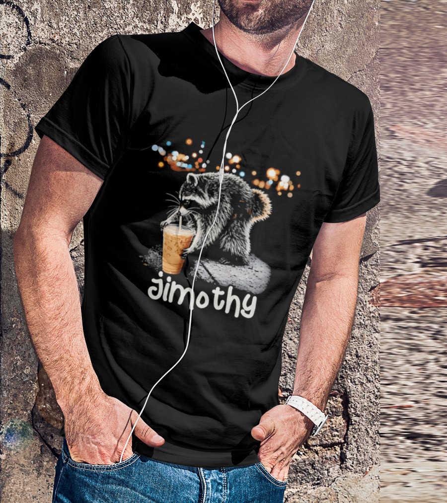 Jimothy Raccoon Sipping Iced Coffee Under Streetlights T-Shirt