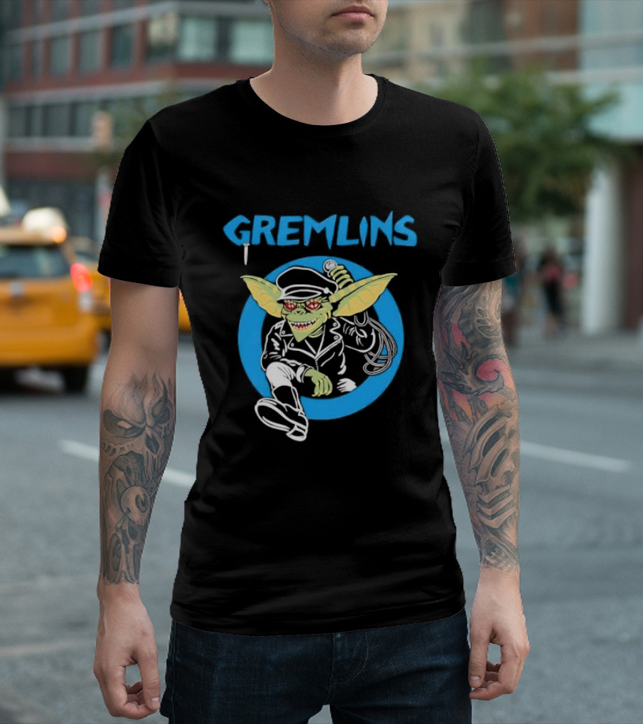 Gremlins Cartoon Leather Biker Gizmo Blue Circle T-Shirt