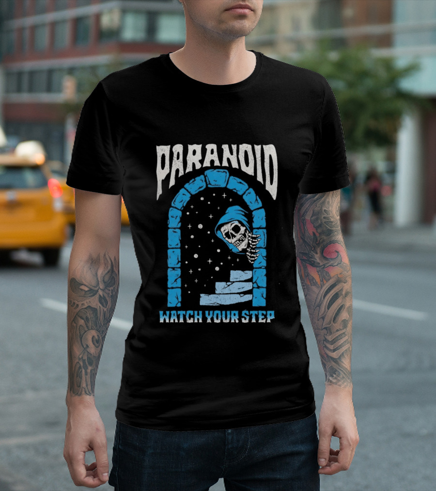 Paranoid Skeleton Peeking Stone Archway Your Step T-Shirt