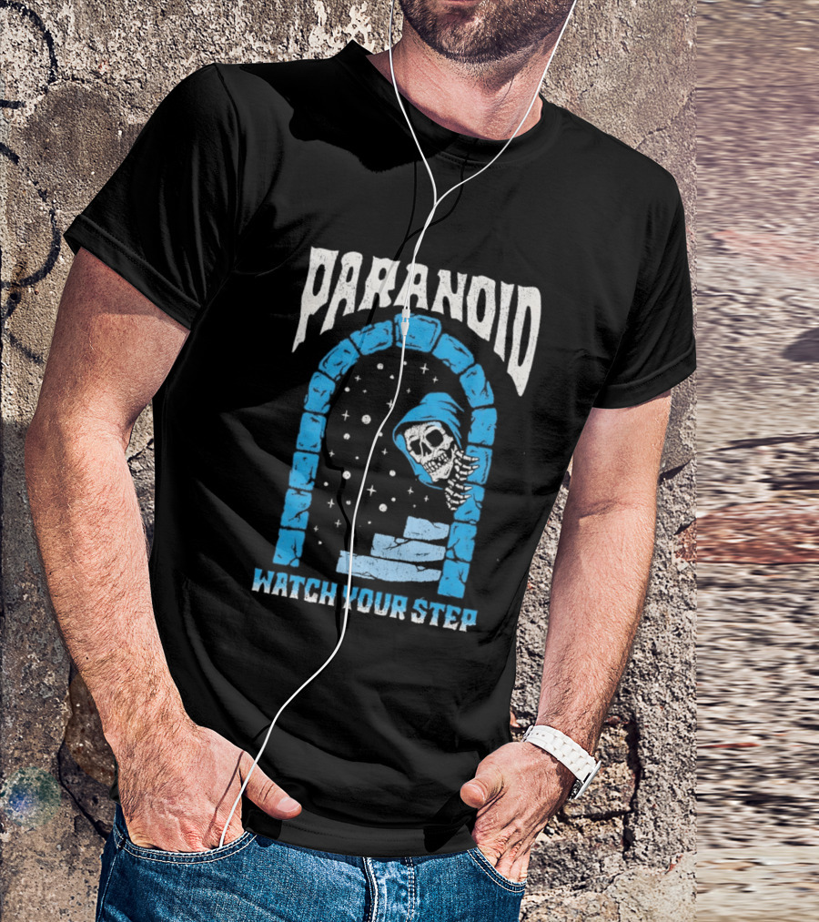 Paranoid Skeleton Peeking Stone Archway Your Step T-Shirt