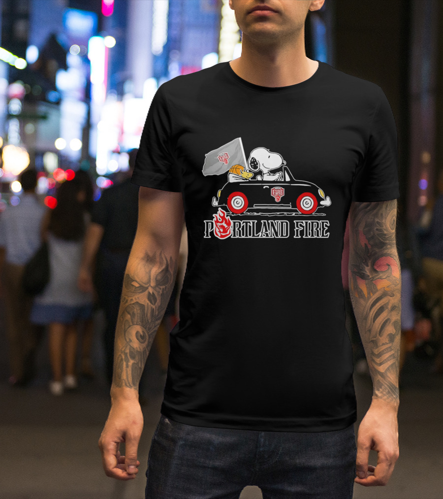 Portland Fire Snoopy And Woodstock Driving Vintage Car With Flag T-Shirt