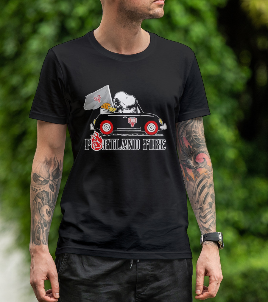 Portland Fire Snoopy And Woodstock Driving Vintage Car With Flag T-Shirt