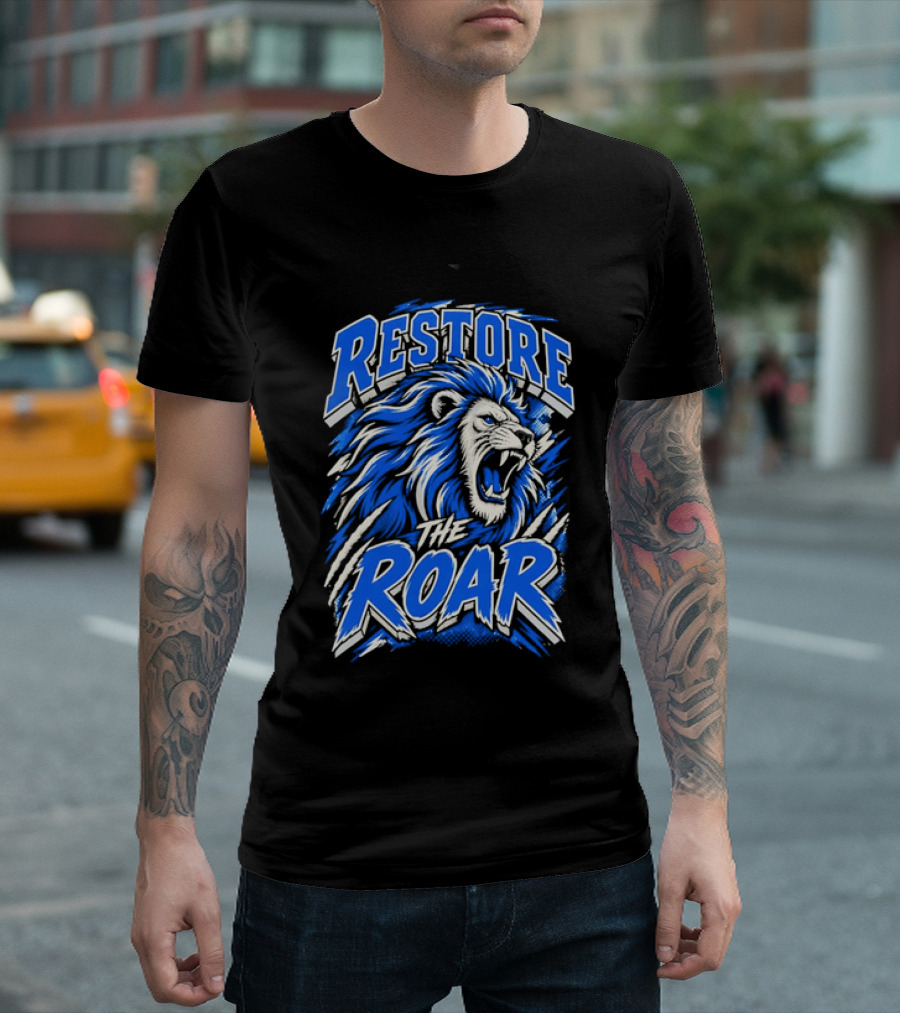 Restore The Roar Blue Lion Head With Halftone Scratch Marks T-Shirt