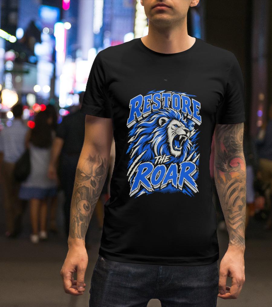 Restore The Roar Blue Lion Head With Halftone Scratch Marks T-Shirt