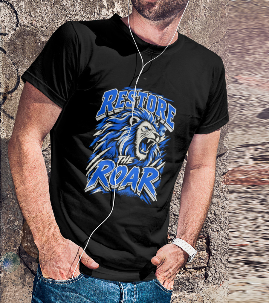 Restore The Roar Blue Lion Head With Halftone Scratch Marks T-Shirt