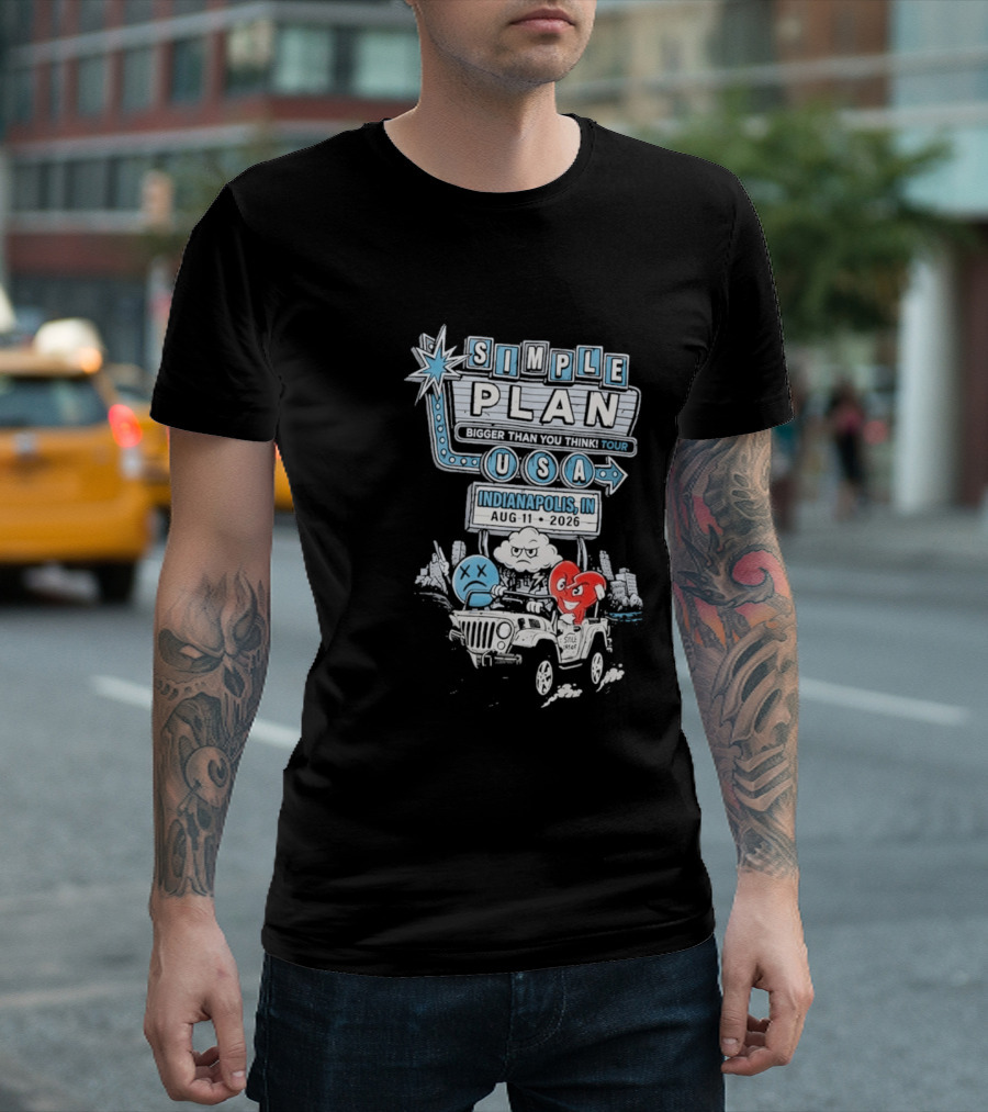 Simple Plan Indianapolis IN 2026 Bigger Than You Think Tour August 11 White River State Park USA Classic Car And Happy Heart T-Shirt