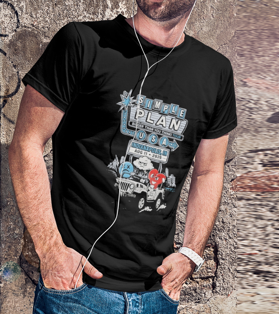 Simple Plan Indianapolis IN 2026 Bigger Than You Think Tour August 11 White River State Park USA Classic Car And Happy Heart T-Shirt