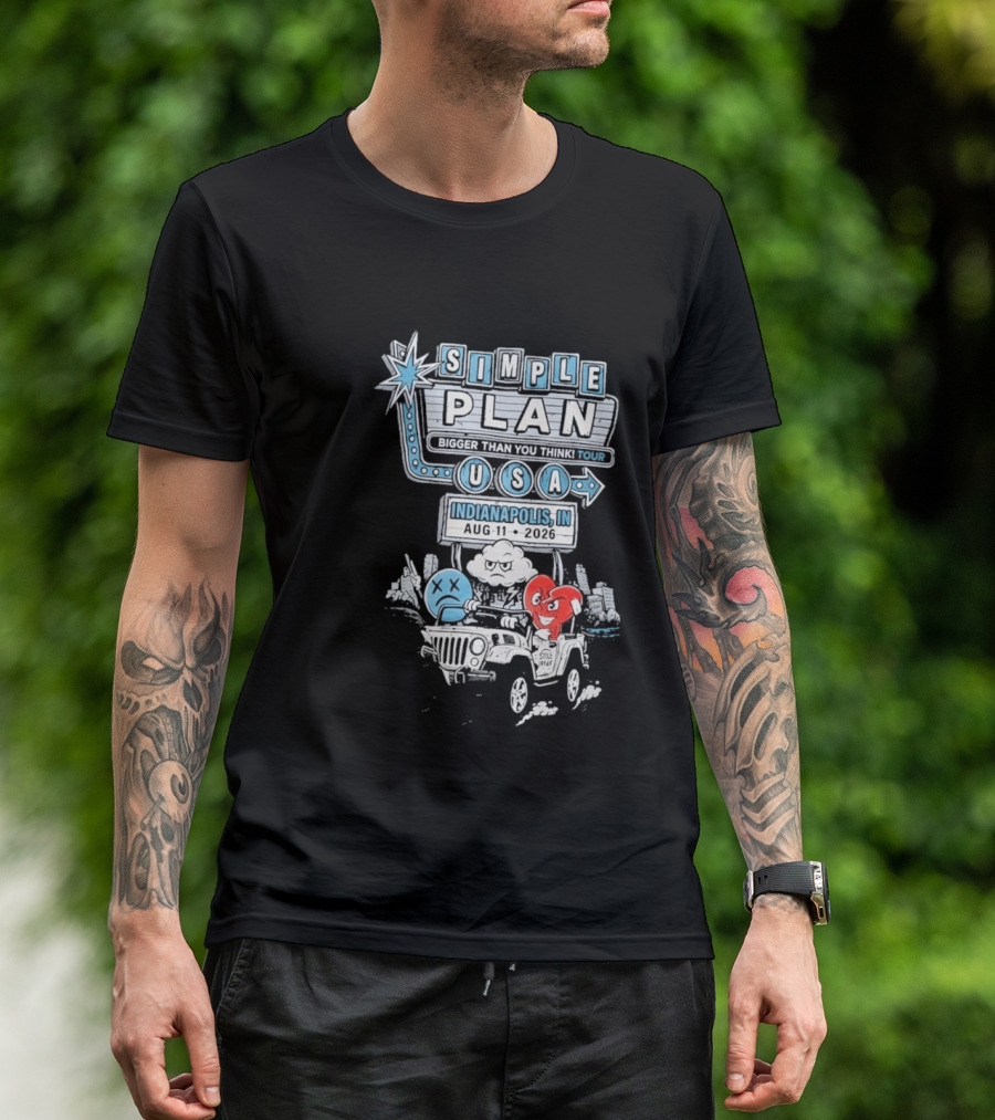 Simple Plan Indianapolis IN 2026 Bigger Than You Think Tour August 11 White River State Park USA Classic Car And Happy Heart T-Shirt
