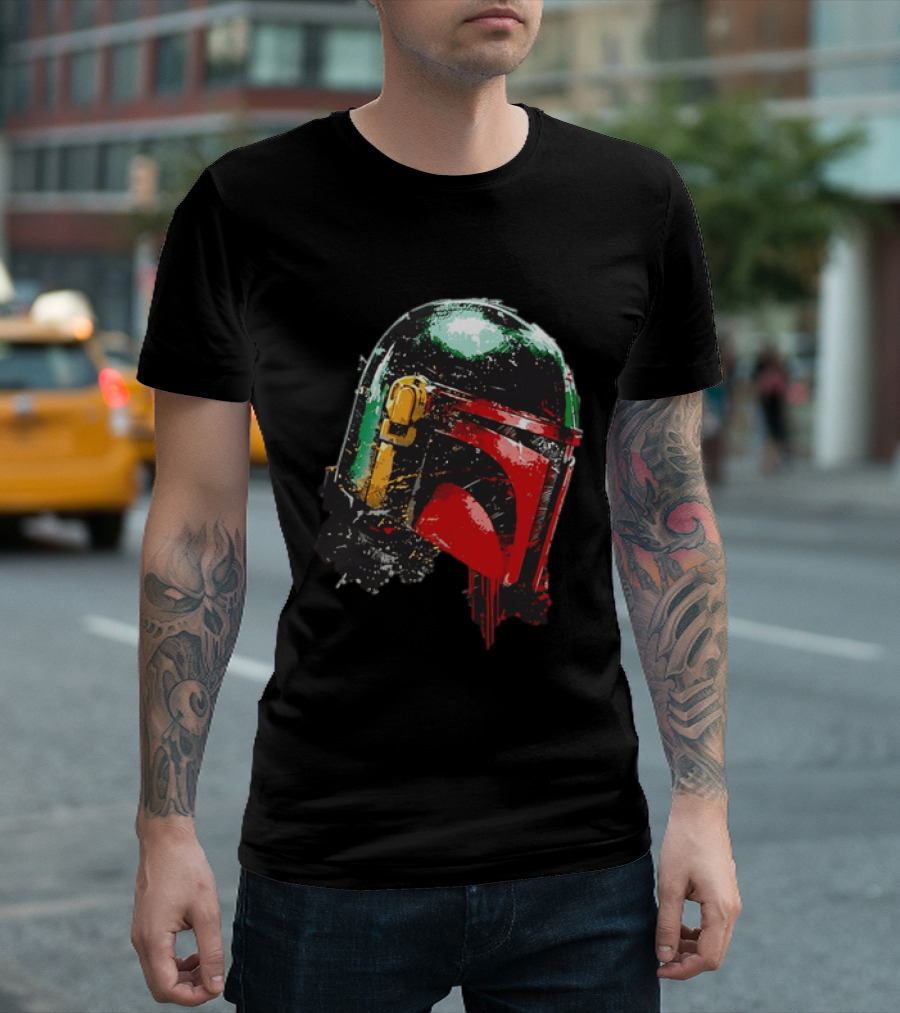 Star Wars Boba Fett Helmet Distressed Paint Splatter Drip T-Shirt