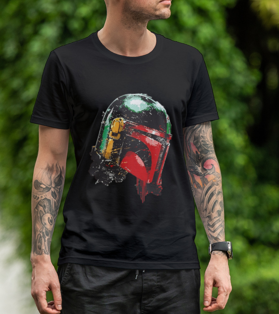 Star Wars Boba Fett Helmet Distressed Paint Splatter Drip T-Shirt