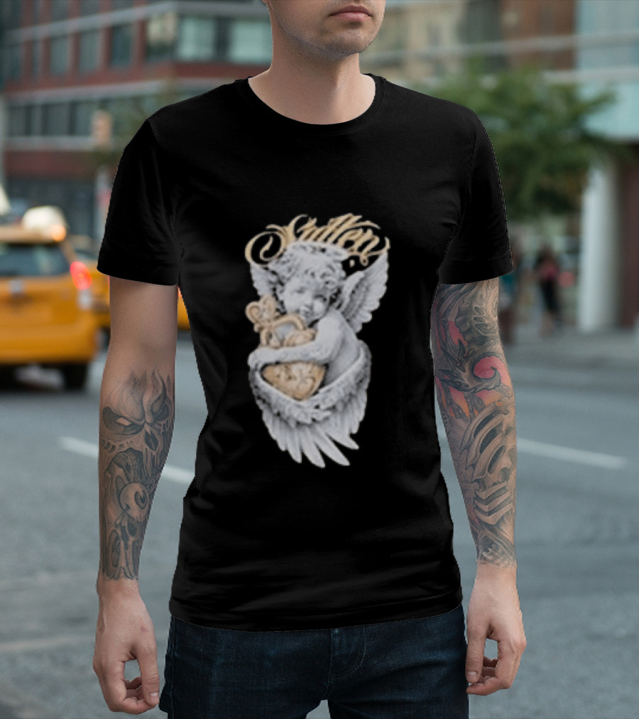 Sullen Heavenly Angel Embracing Heart T-Shirt