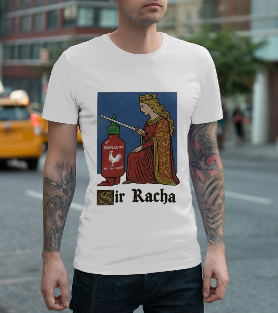 Sir Racha Sriracha Hot Chili Sauce Medieval Knighthood Scene T-Shirt