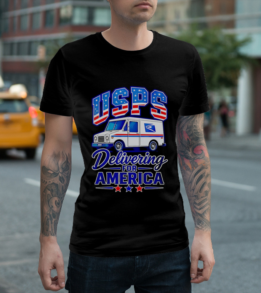 USPS Delivering For America Mail Truck Patriotic Stars And Stripes T-Shirt