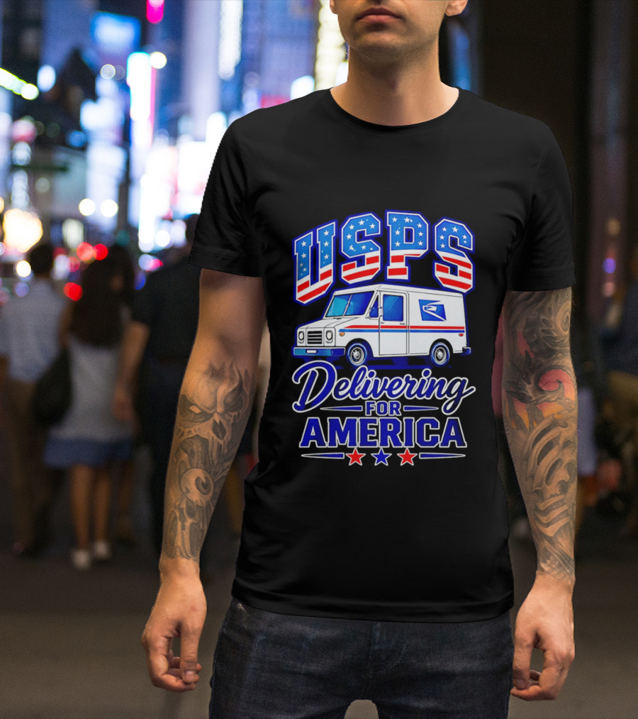 USPS Delivering For America Mail Truck Patriotic Stars And Stripes T-Shirt