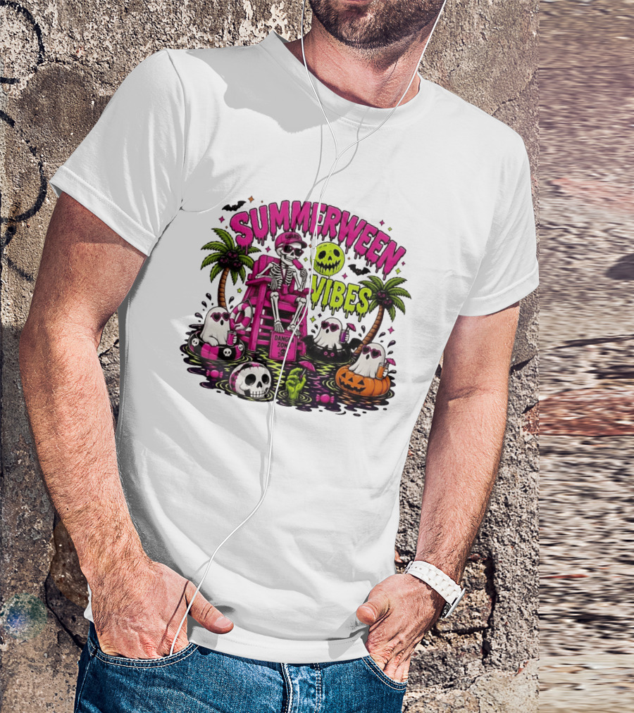 Summerween Vibes Halloween Skeleton Beach Party 2026 T-Shirt