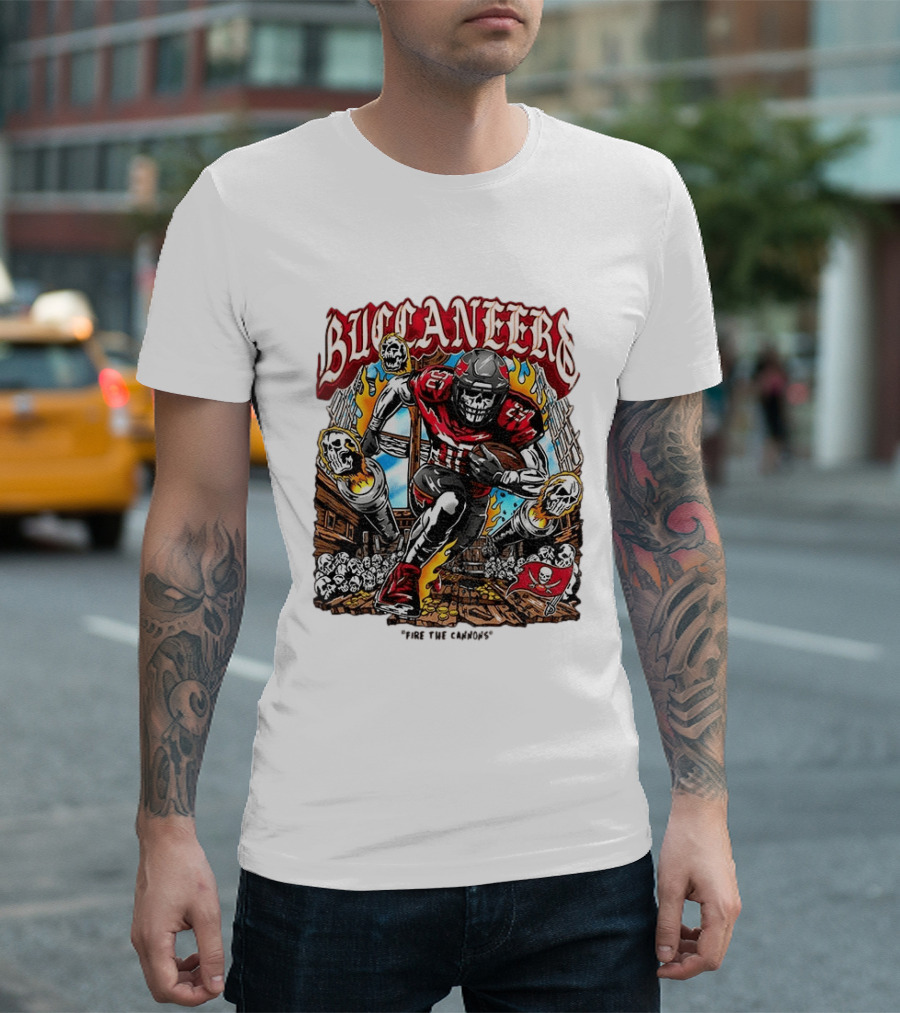 Buccaneers Fire The Cannons Skeleton Football T-Shirt