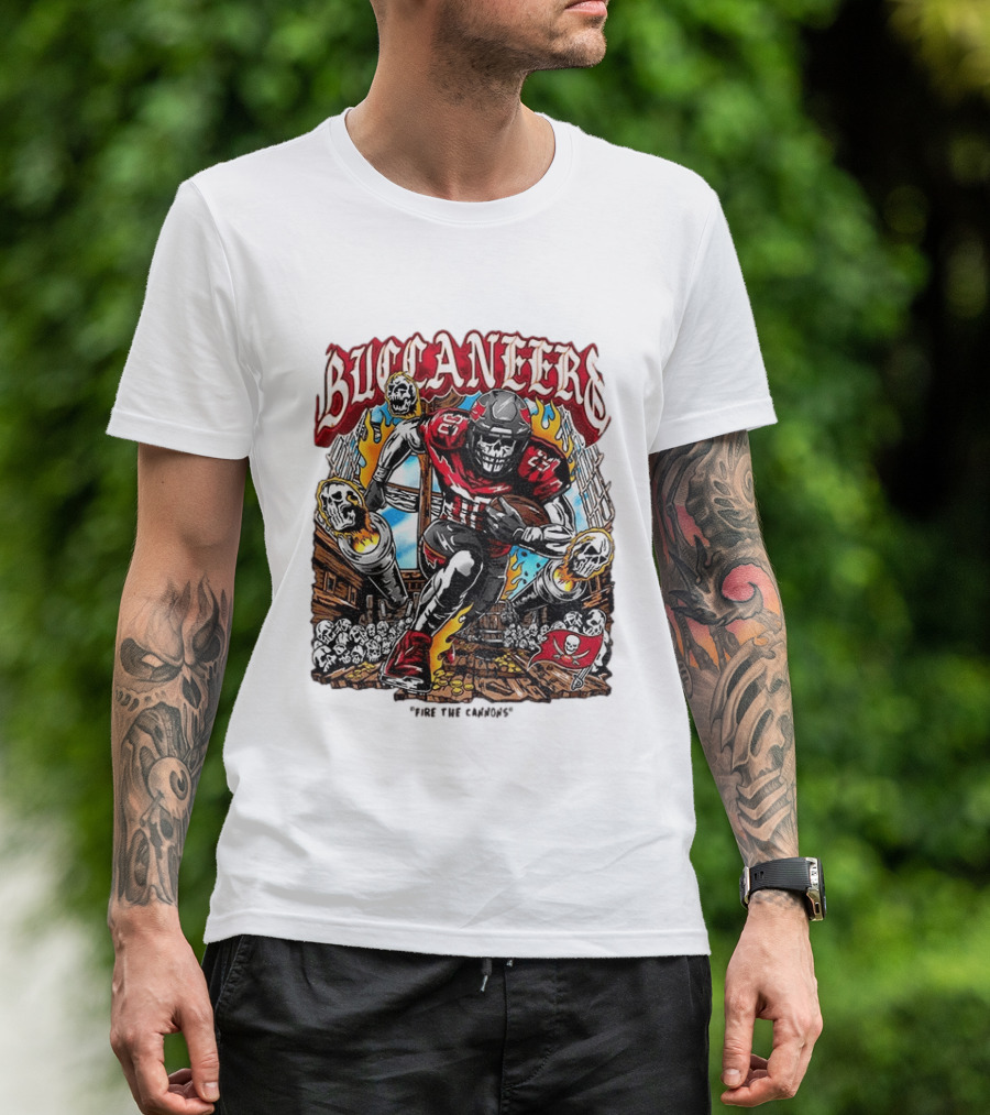 Buccaneers Fire The Cannons Skeleton Football T-Shirt