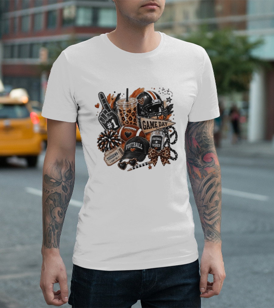 Leopard Game Day Football Touchdown Vibes #1 Fan Helmet Pom Pom Bow T-Shirt