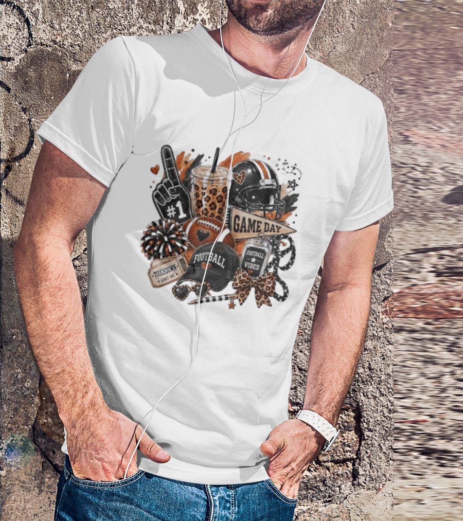 Leopard Game Day Football Touchdown Vibes #1 Fan Helmet Pom Pom Bow T-Shirt