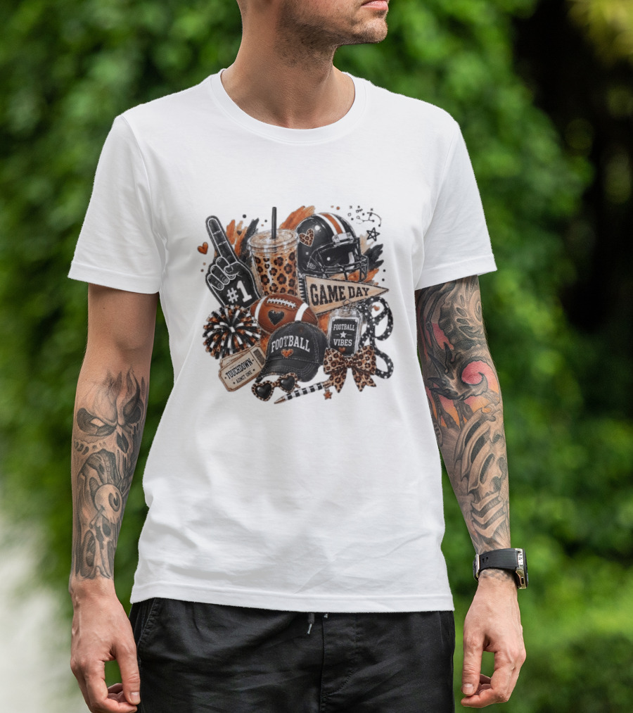 Leopard Game Day Football Touchdown Vibes #1 Fan Helmet Pom Pom Bow T-Shirt